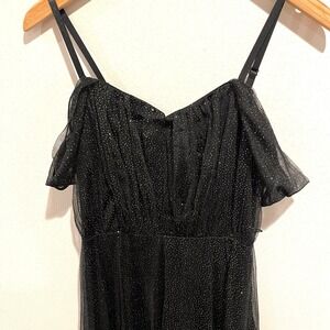 Off Shoulder Sparkle Dress Small Maxi Y2K Sheer Sweetheart Empire Prom Dark Fair